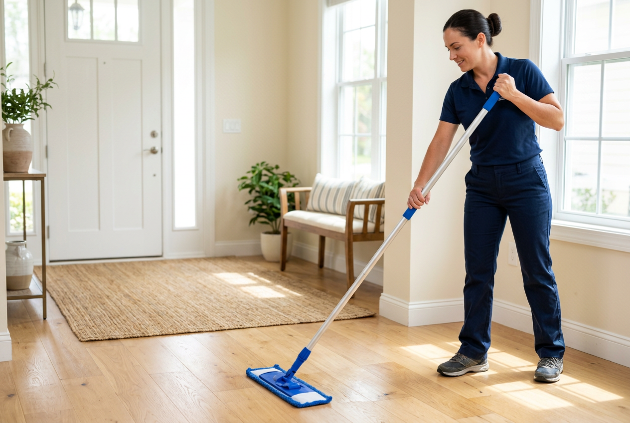 Gloved hand mopping a light hardwood entryway floor in a bright Palm Harbor home