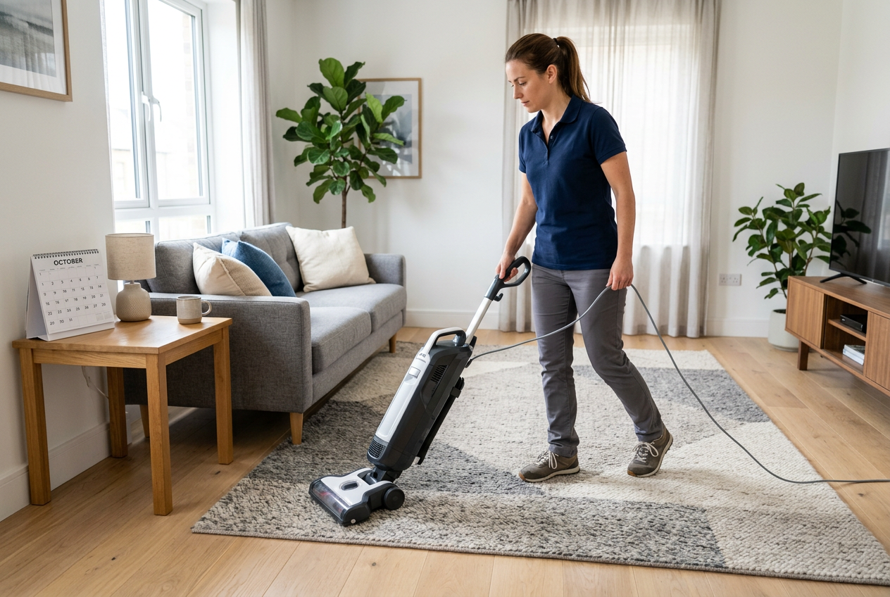 Cleaner vacuuming a living room rug during a recurring bi-weekly cleaning visit
