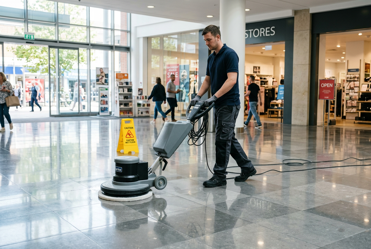 Commercial cleaner buffing polished floors in a busy retail lobby