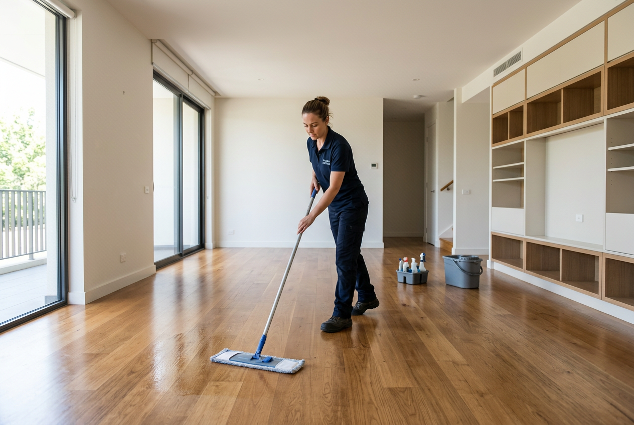 Cleaner mopping hardwood floors in an empty move-in ready home