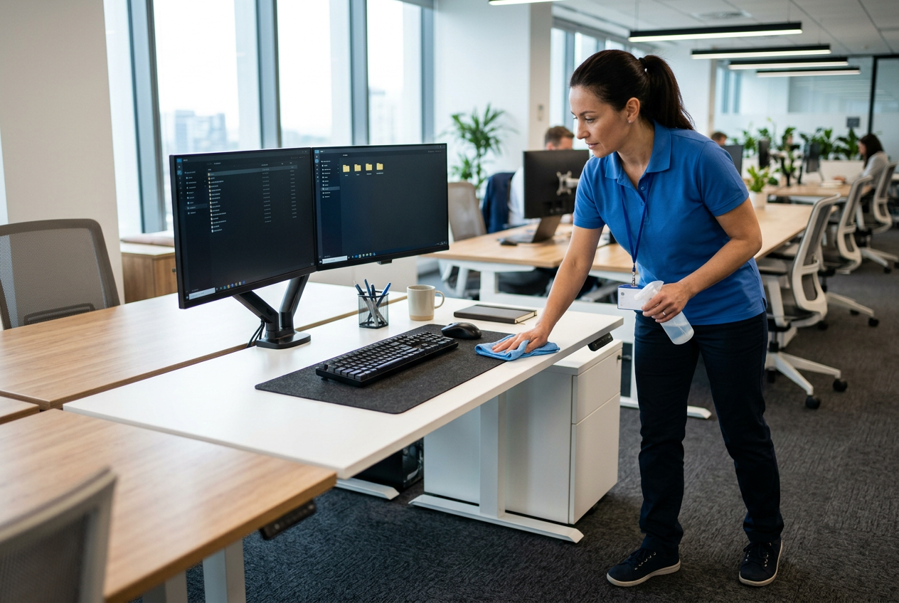 Cleaner disinfecting a desk and computer setup in a modern office