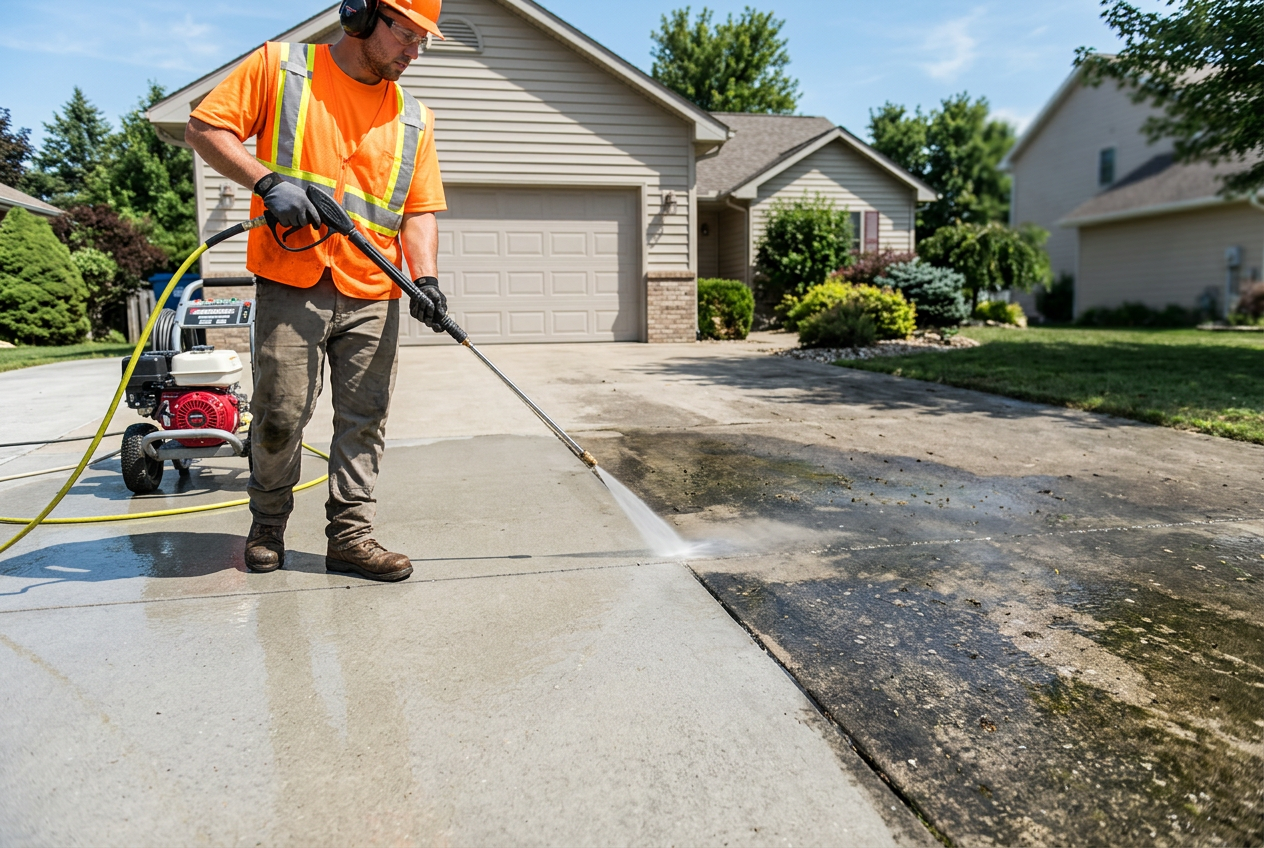 Pressure washer cleaning a residential driveway with a visible clean path