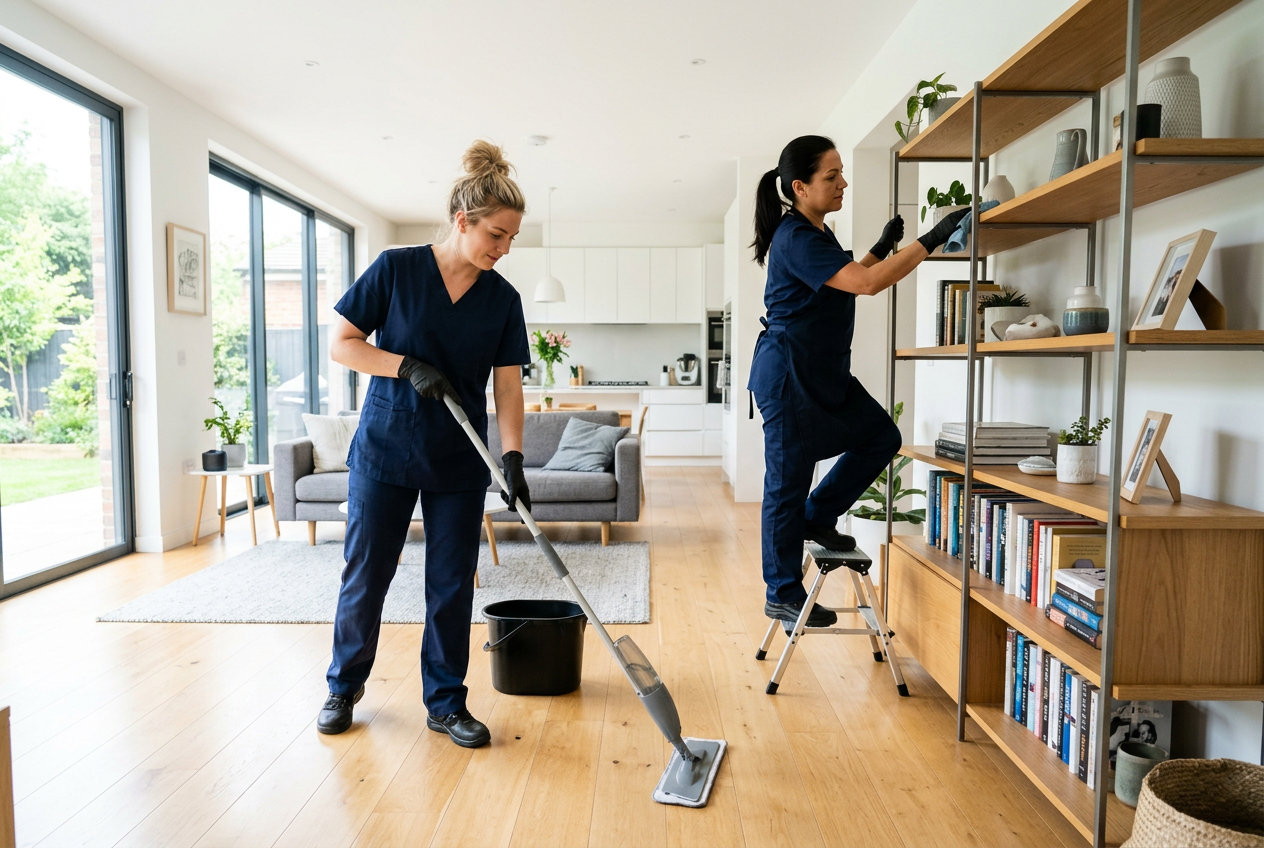 Two professional cleaners maintaining a bright home as part of a recurring cleaning plan