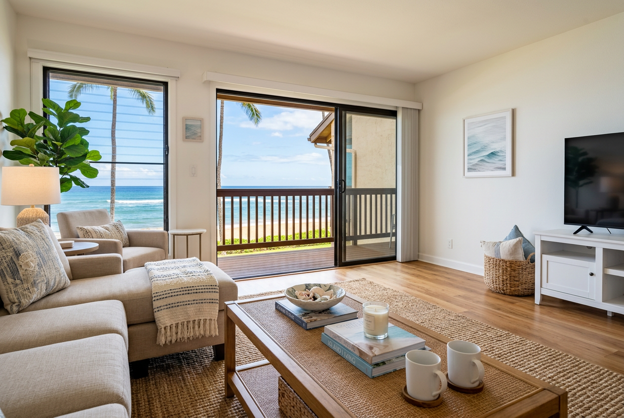 Clean vacation rental living room with beach view and staged interior